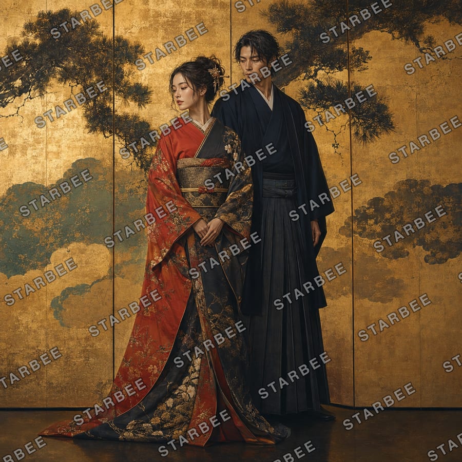 屏風の前