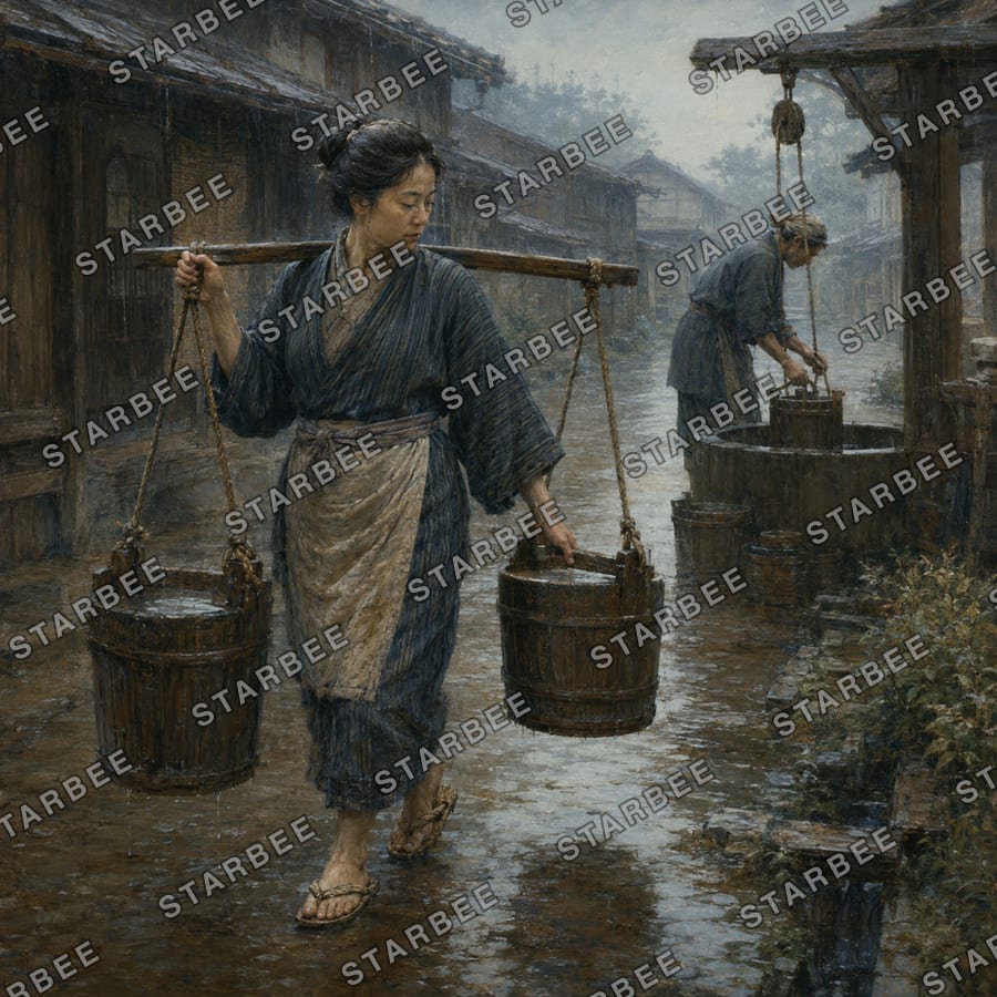 桶を運ぶ朝