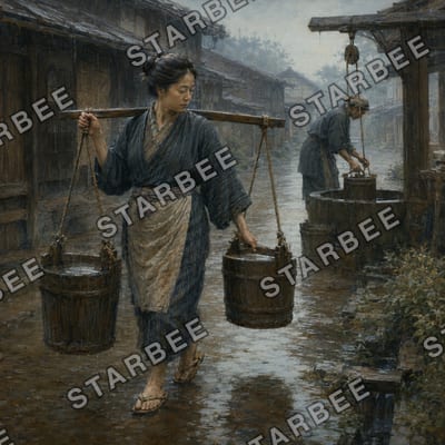 桶を運ぶ朝