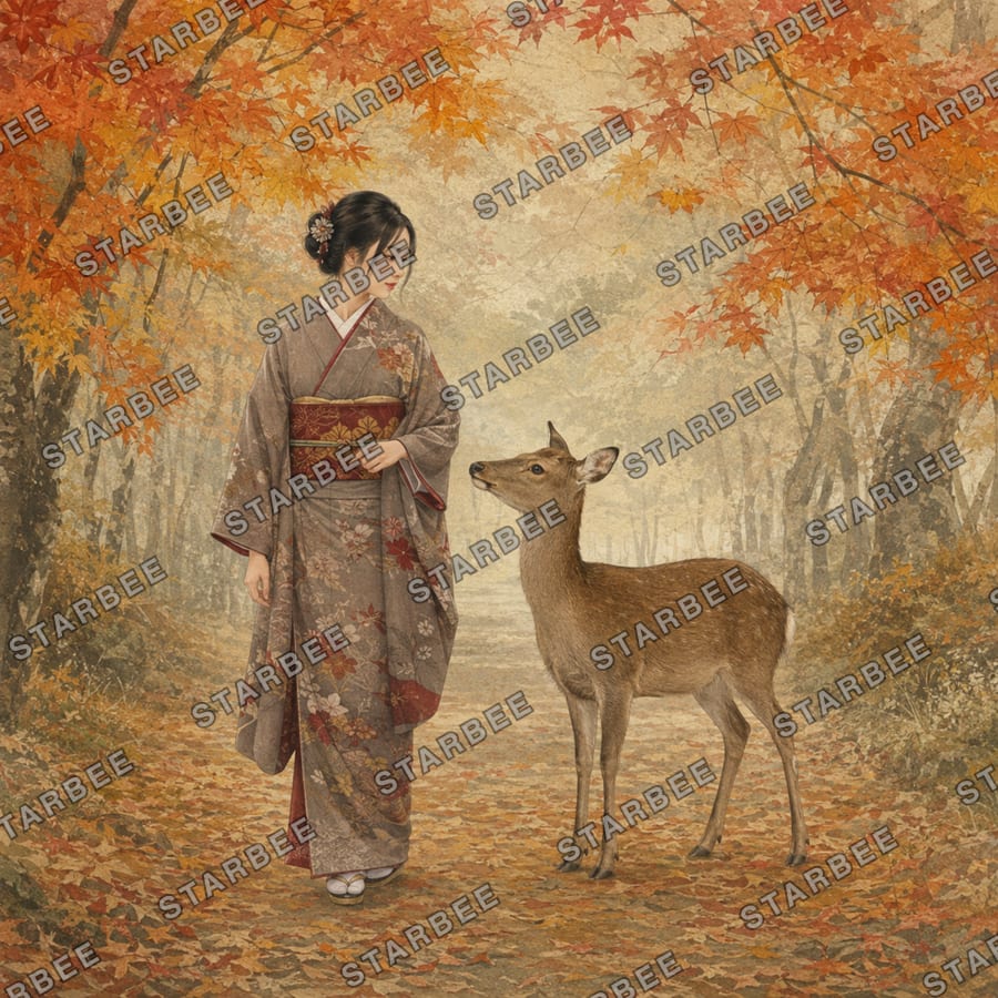 鹿と紅葉